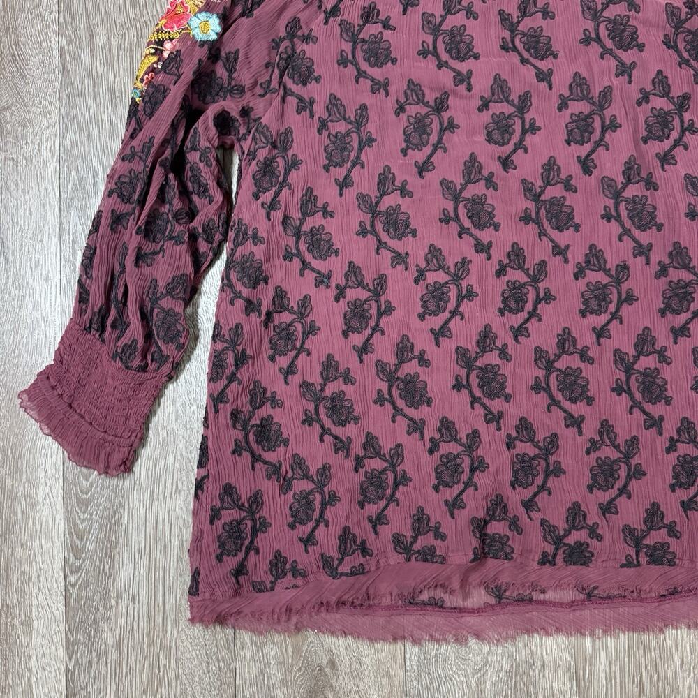 Sundance Gemma Elegance Embroidered Top Maroon Popover Blouse Size XL - Picture 13 of 15